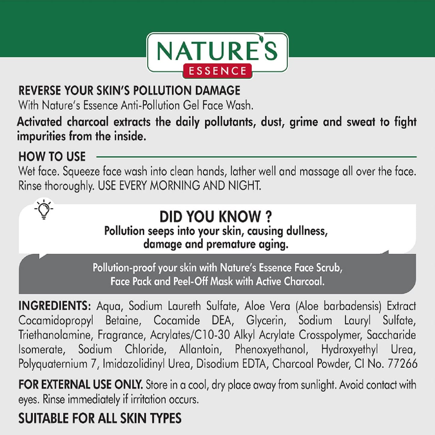Nature's Essence AntiPollution Gel Face Wash Active Charcoal, Grey