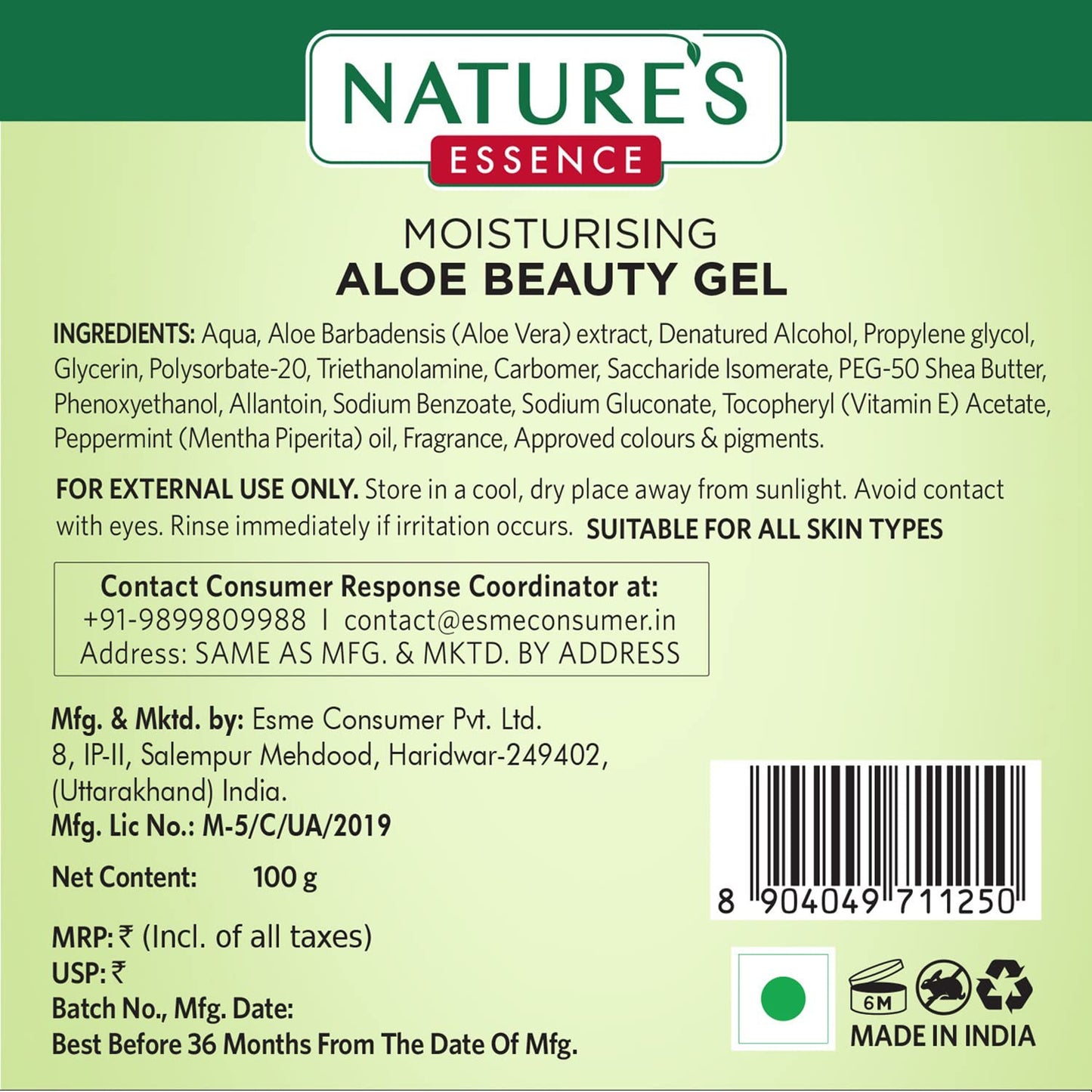 Nature's Essence Moisturising Aloe Beauty Gel With Vitamin E And Peppermint Oil
